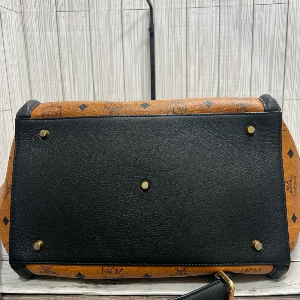 MCM Vintage Cognac Visetos Tote Bag Black Leather Trim Satchel Handbag